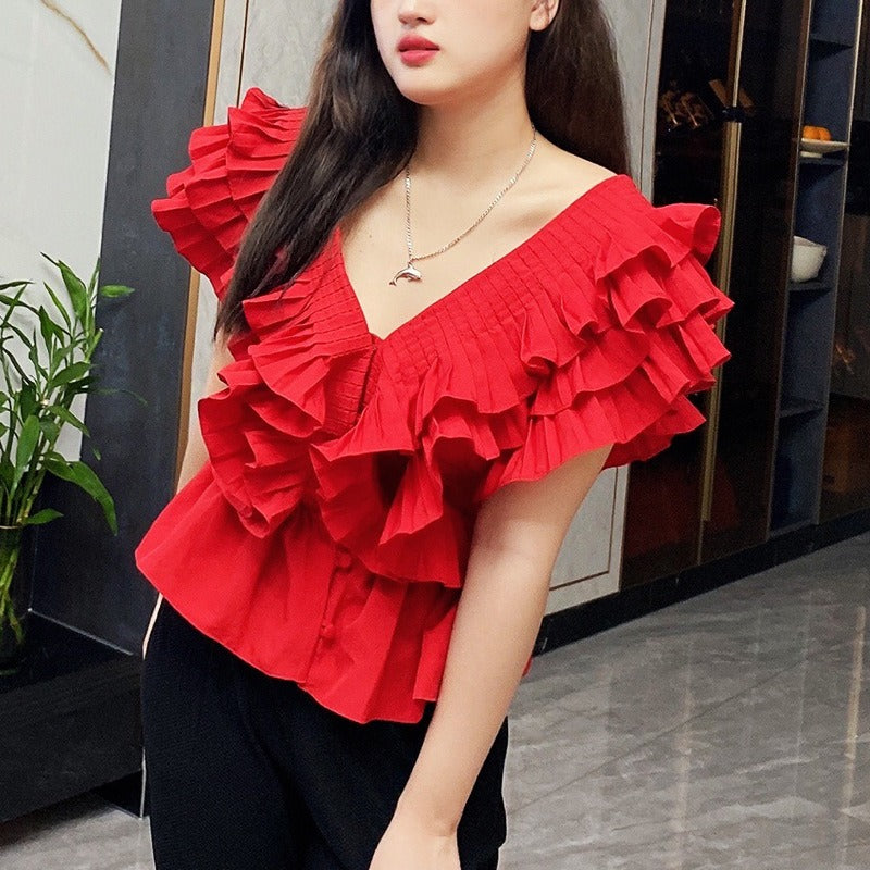 Layered lotus leaf edge fungus solid color casual cute top - Hot fashionista