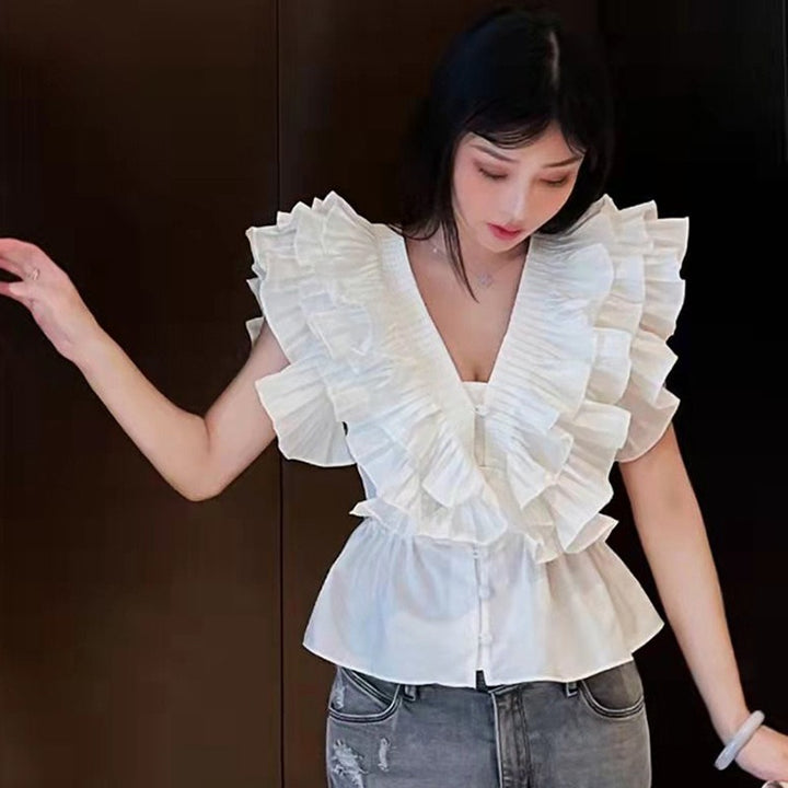 Layered lotus leaf edge fungus solid color casual cute top - Hot fashionista