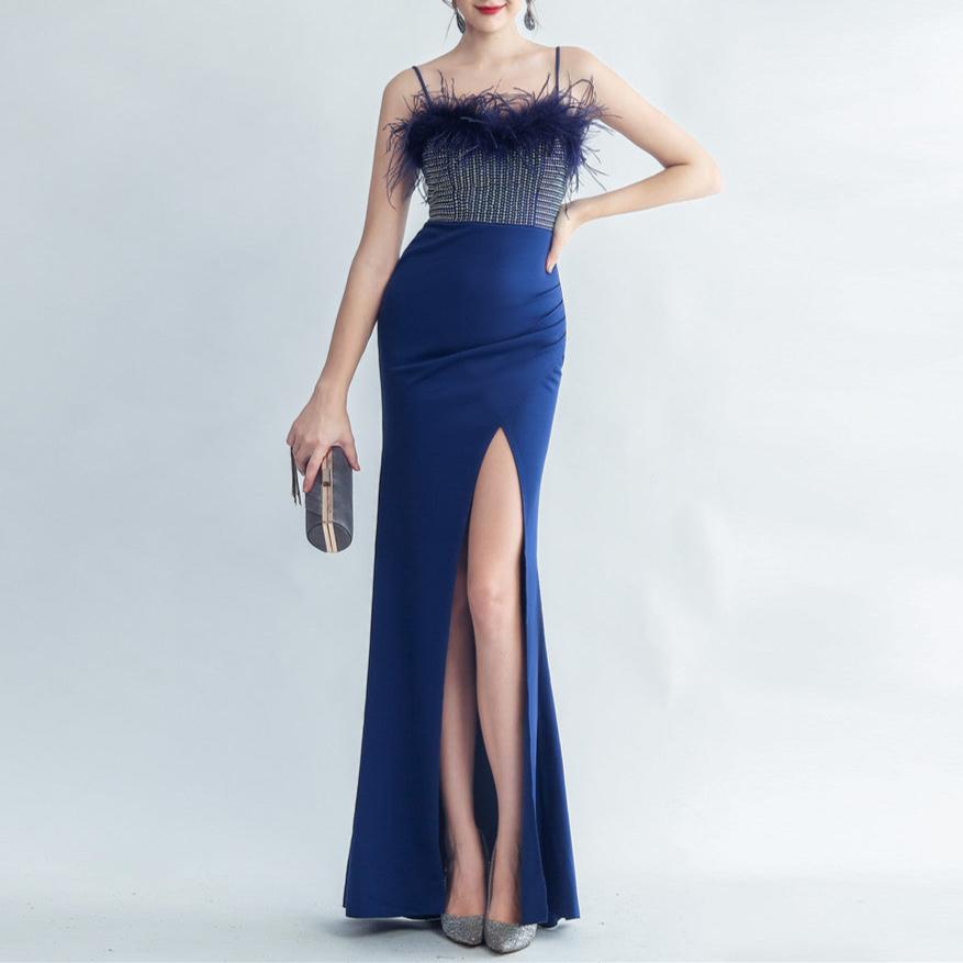 Alice Rhinestone Feathered Neckline Maxi Dress - Hot fashionista