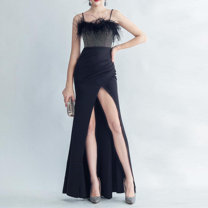 Alice Rhinestone Feathered Neckline Maxi Dress - Hot fashionista