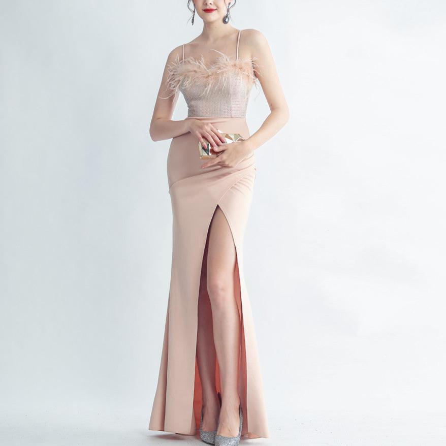 Alice Rhinestone Feathered Neckline Maxi Dress - Hot fashionista