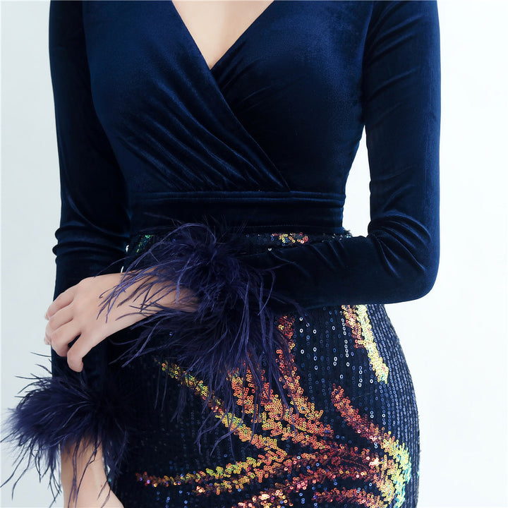 Allie Feathered Sequin Velvet Side Slit Dress - Hot fashionista