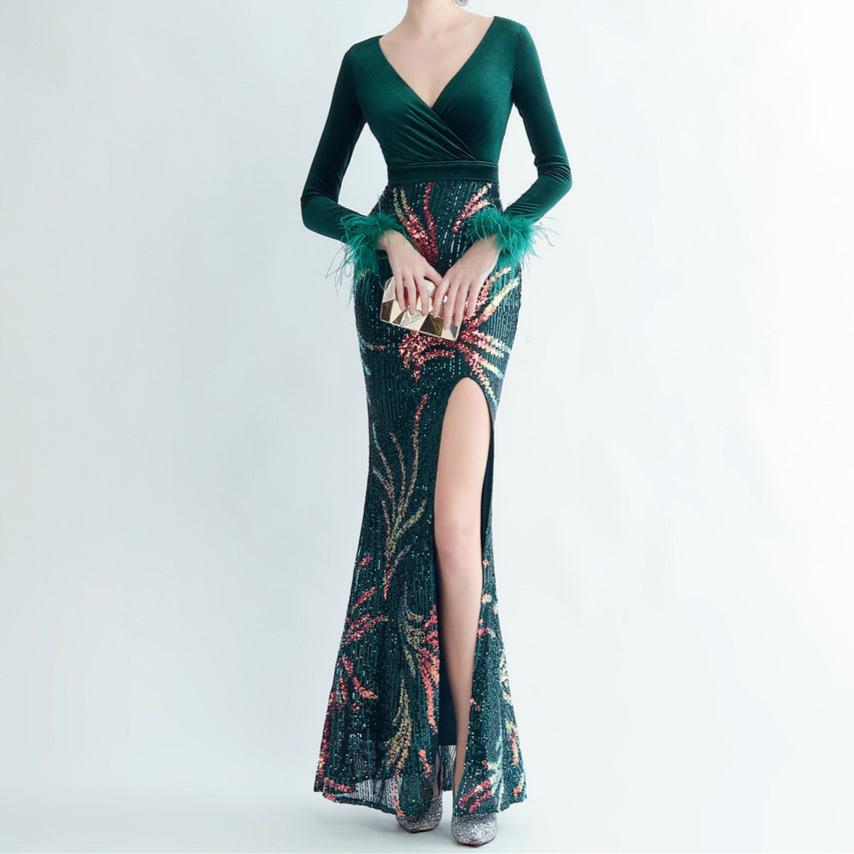 Allie Feathered Sequin Velvet Side Slit Dress - Hot fashionista