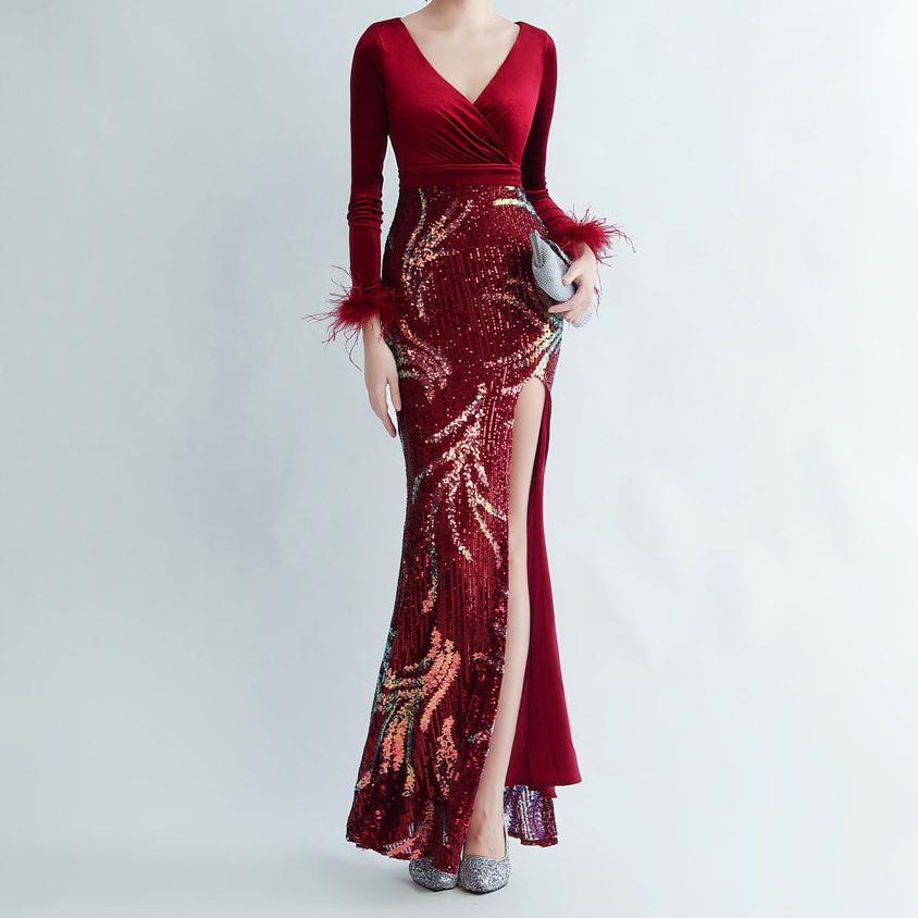 Allie Feathered Sequin Velvet Side Slit Dress - Hot fashionista