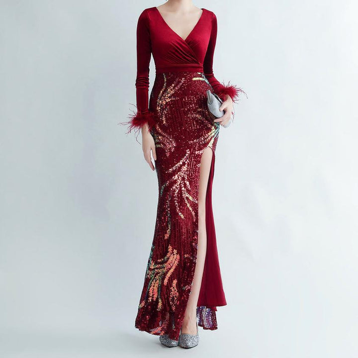 Allie Feathered Sequin Velvet Side Slit Dress - Hot fashionista