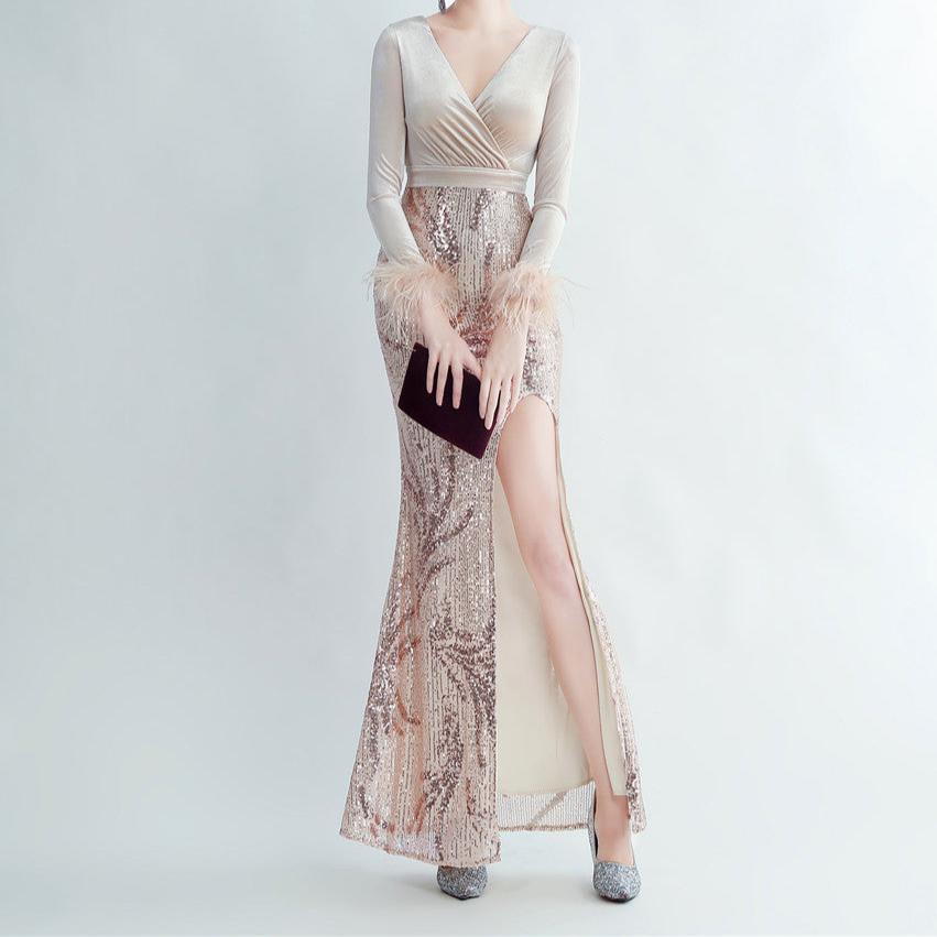 Allie Feathered Sequin Velvet Side Slit Dress - Hot fashionista