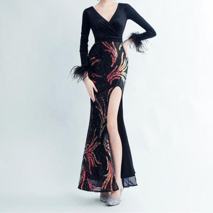 Allie Feathered Sequin Velvet Side Slit Dress - Hot fashionista