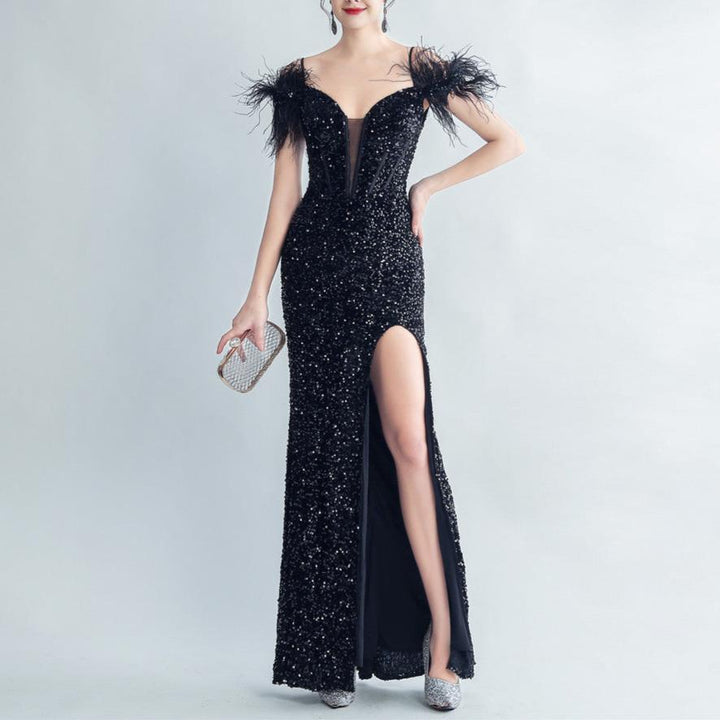 Arizona Off Shoulder Basque Ostrich Fur Dress - Hot fashionista