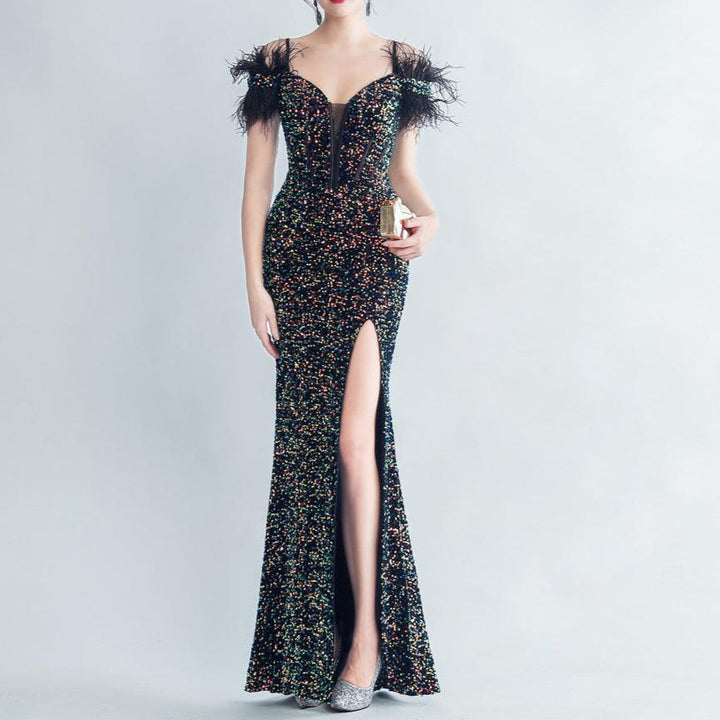 Arizona Off Shoulder Basque Ostrich Fur Dress - Hot fashionista