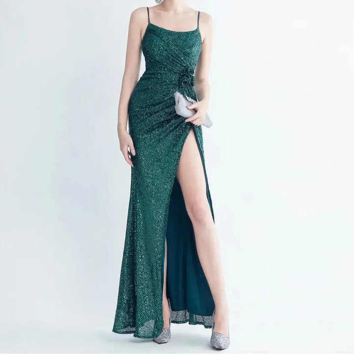 Avery Pleated Sequin Flower Slit Dress - Hot fashionista