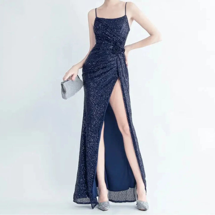 Avery Pleated Sequin Flower Slit Dress - Hot fashionista