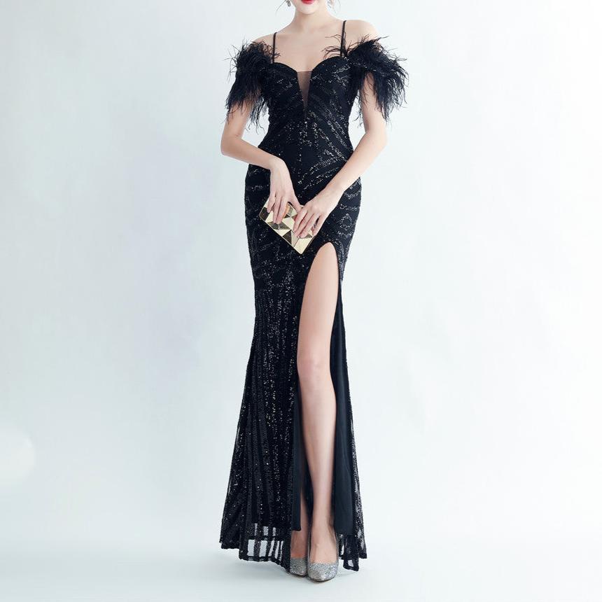 Bonnie Feathered Off Shoulder Pattern Sequined Dress - Hot fashionista