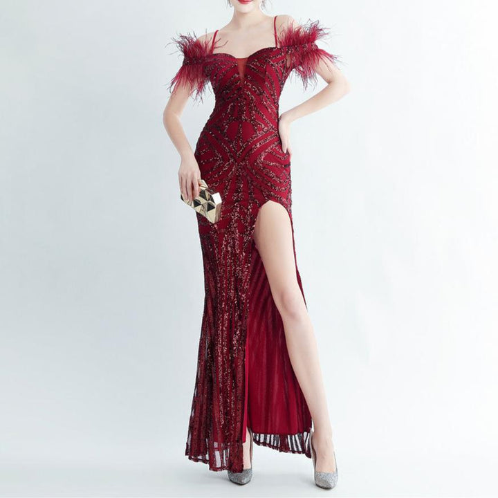 Bonnie Feathered Off Shoulder Pattern Sequined Dress - Hot fashionista