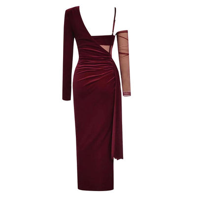 Cady Burgundy Velvet Corset Slit Prom Dress with Sleeves - Hot Fashionista