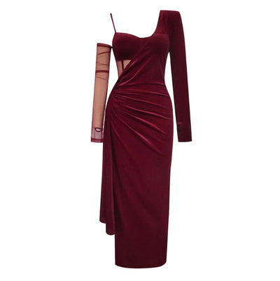 Cady Burgundy Velvet Corset Slit Prom Dress with Sleeves - Hot Fashionista