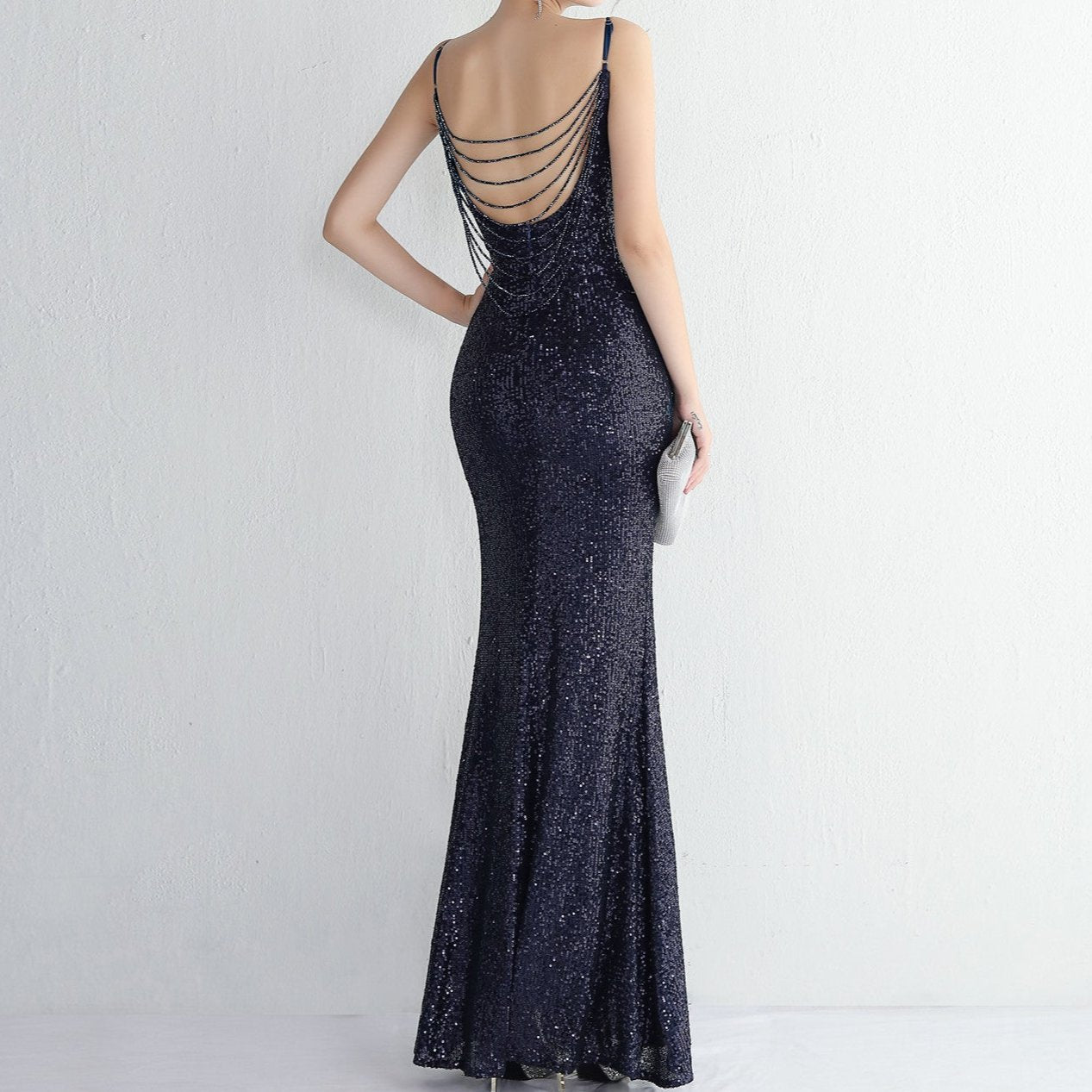 Cecil Spaghetti Straps V-neck Sequined  Evening Maxi Dress