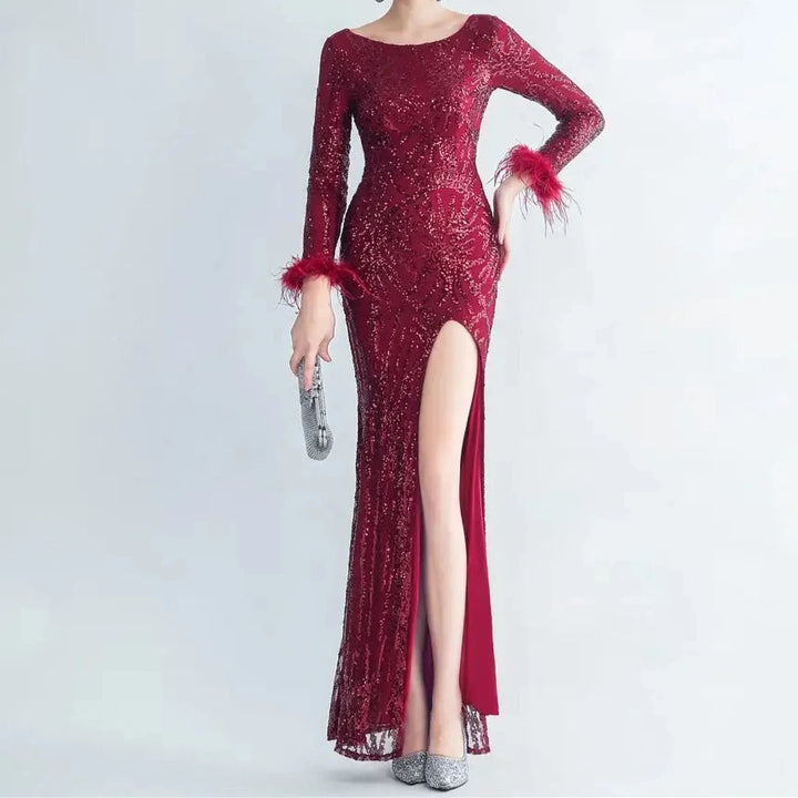 Charlotte  Sequin Long Sleeve Slit Evening Dress - Hot fashionista