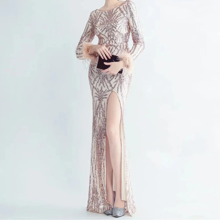 Charlotte  Sequin Long Sleeve Slit Evening Dress - Hot fashionista