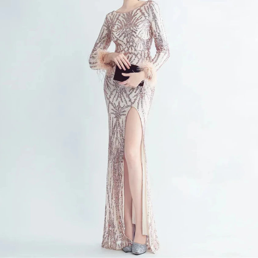 Charlotte  Sequin Long Sleeve Slit Evening Dress