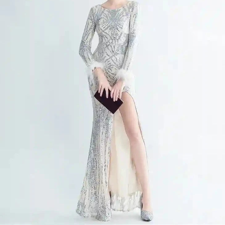 Charlotte  Sequin Long Sleeve Slit Evening Dress - Hot fashionista