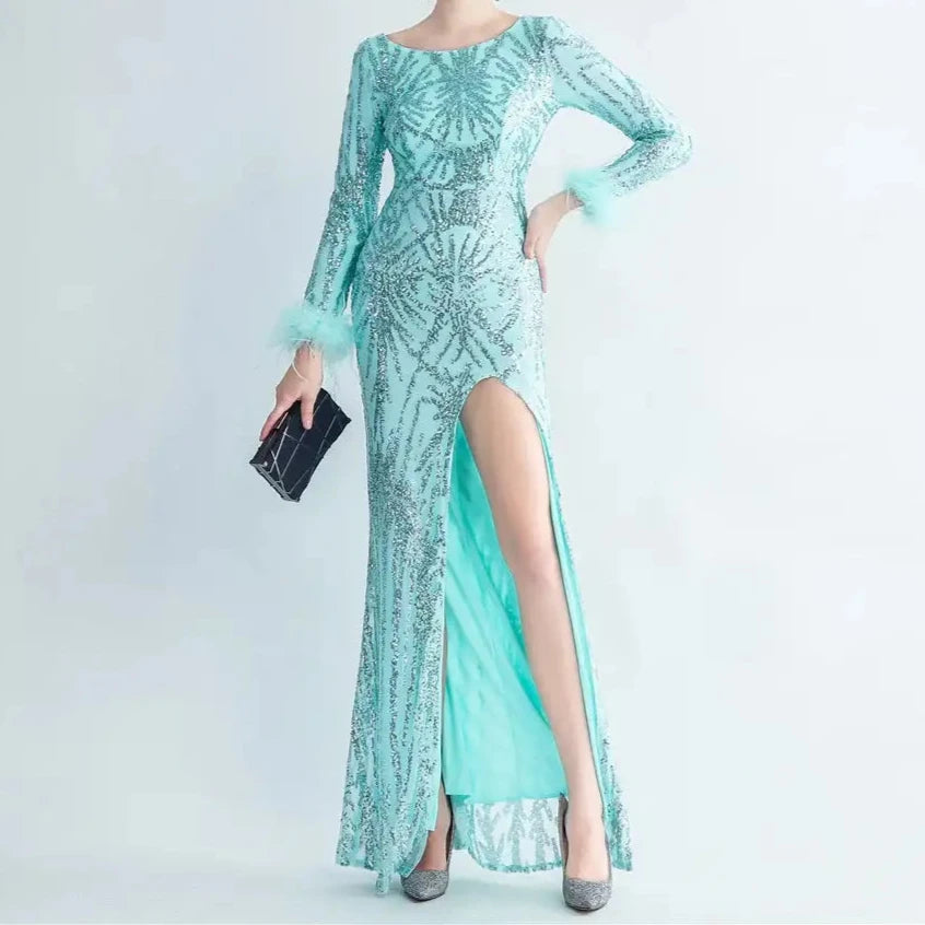 Charlotte  Sequin Long Sleeve Slit Evening Dress - Hot fashionista