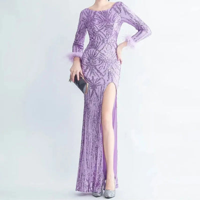 Charlotte  Sequin Long Sleeve Slit Evening Dress