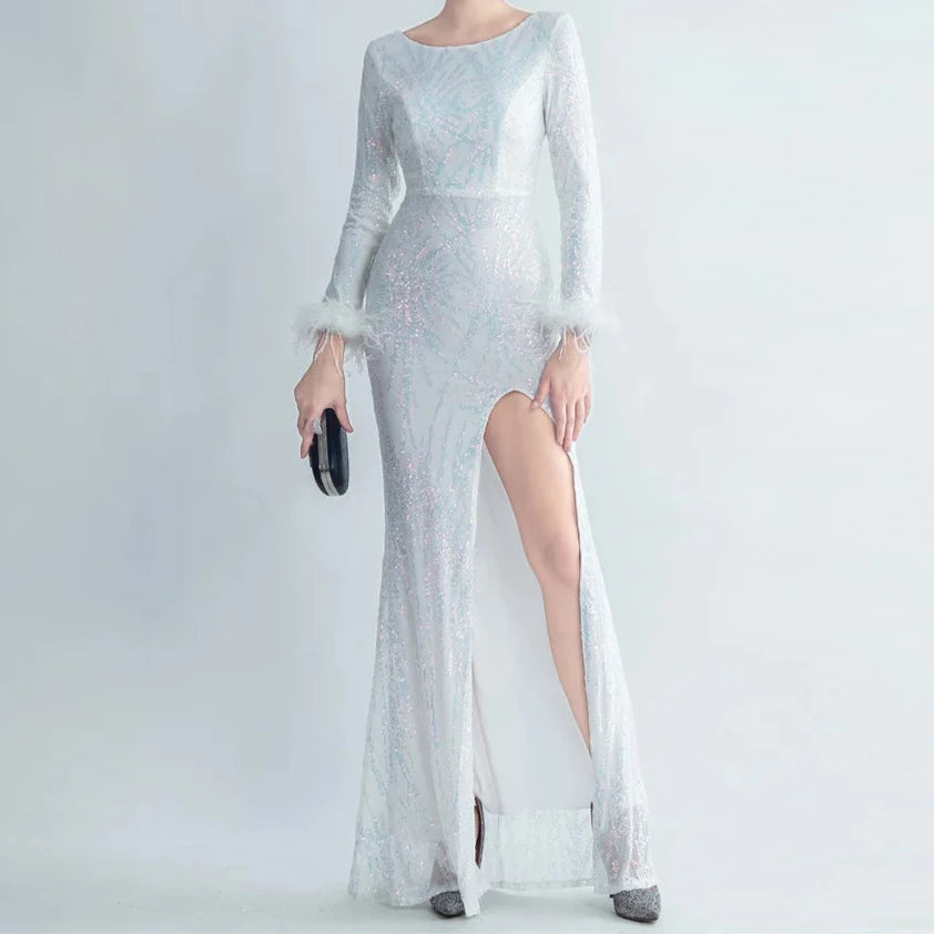 Charlotte  Sequin Long Sleeve Slit Evening Dress - Hot fashionista