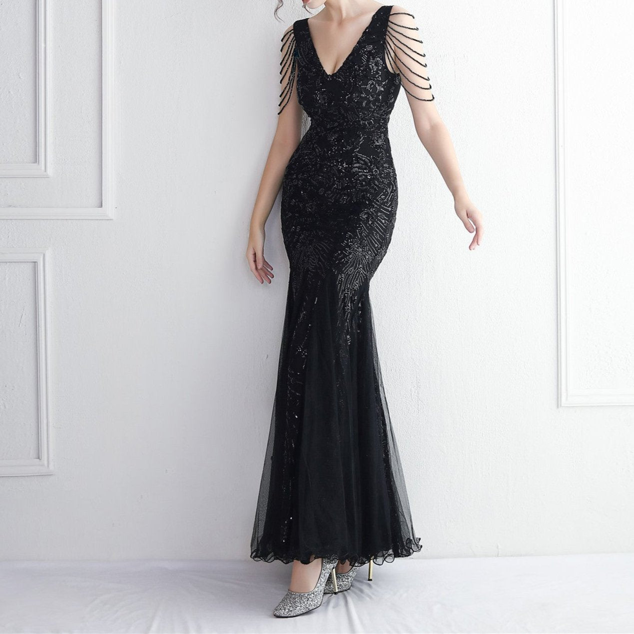 Clara Sequin Mesh Craft Beaded Maxi Dress