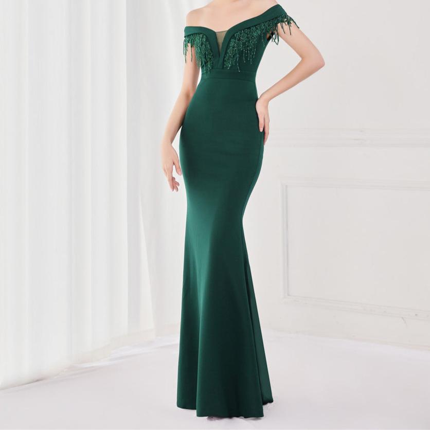 Edith Off Shoulder V-Neck Fishtail Maxi Dress