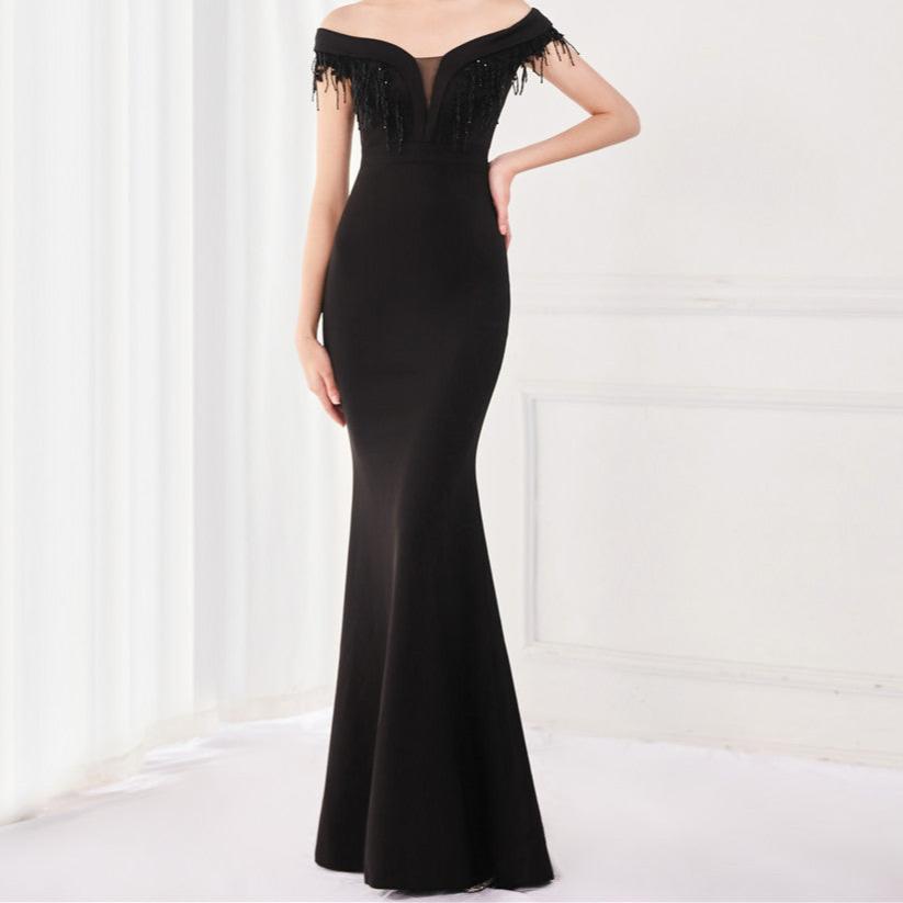 Edith Off Shoulder V-Neck Fishtail Maxi Dress