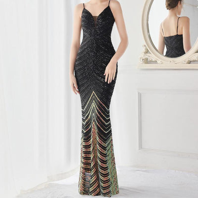 Eleanor V-neck Tassel Glitter Sequins Fishtail Maxi Dress