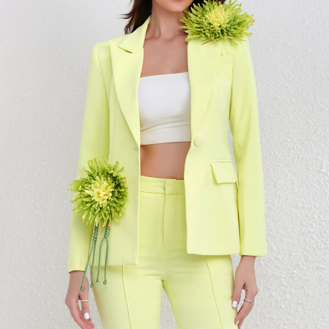 Flora Flower Details Single Button Blazer and Flared Pants Set - Hot fashionista