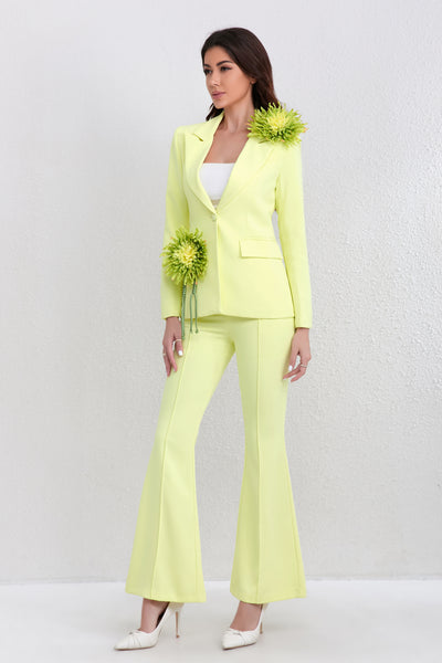 Flora Flower Details Single Button Blazer and Flared Pants Set