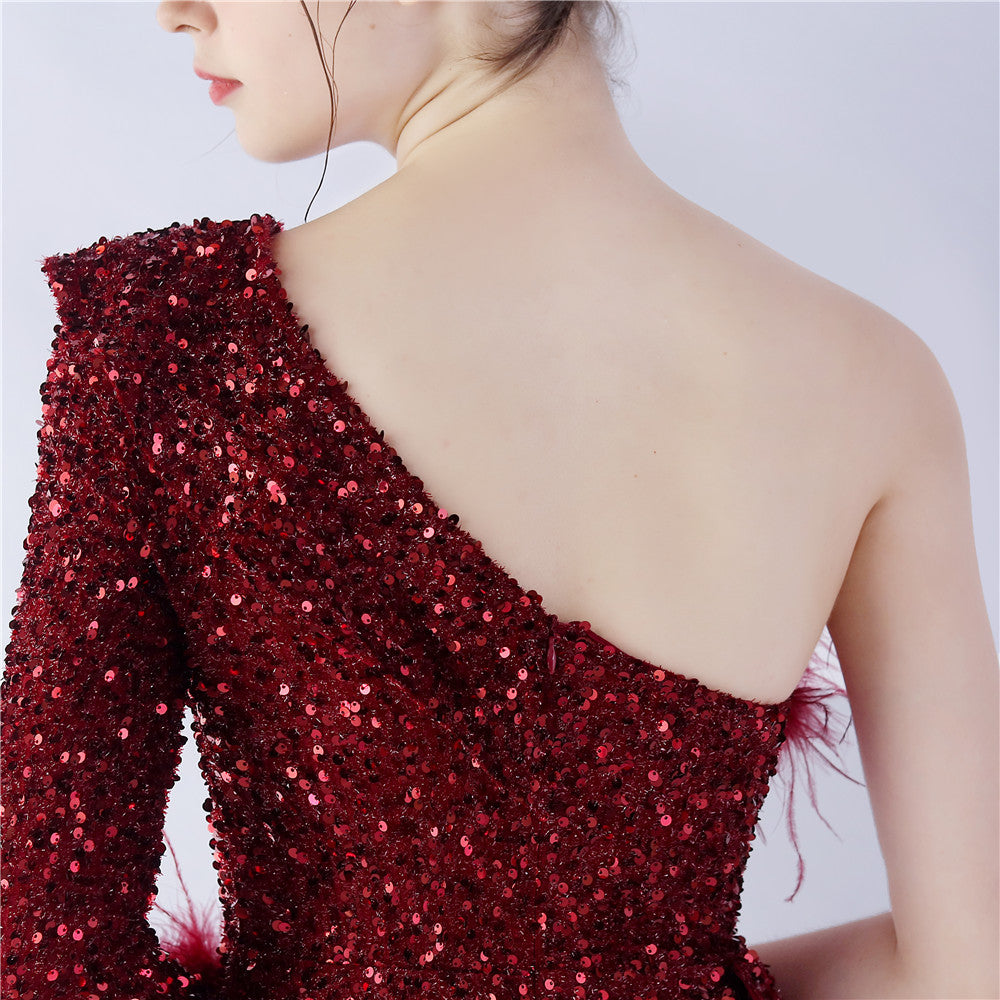 Ginny One Shoulder Feather Sequined Dress - Hot fashionista