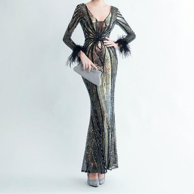 Grace V neck Sequin Long Sleeves Mermaid Dress