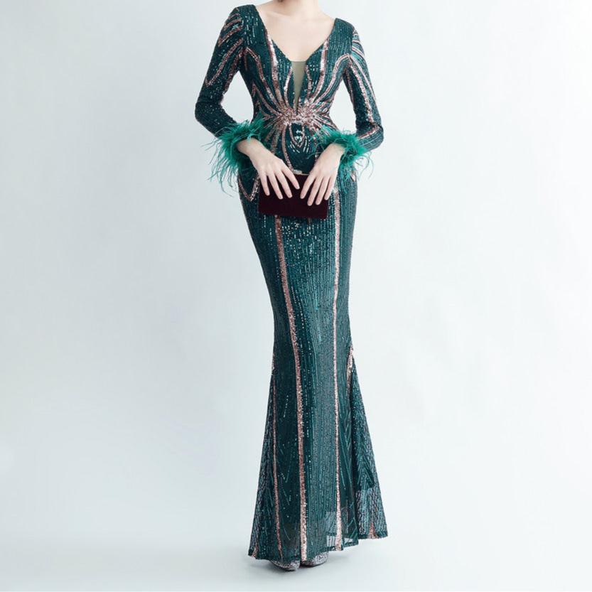 Grace V neck Sequin Long Sleeves Mermaid Dress