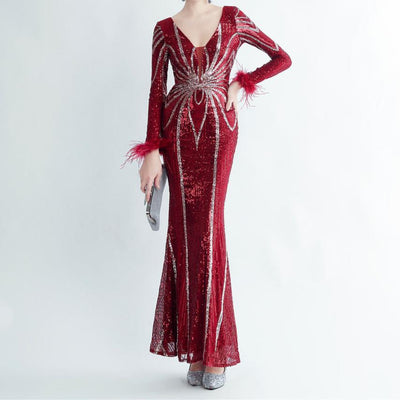 Grace V neck Sequin Long Sleeves Mermaid Dress