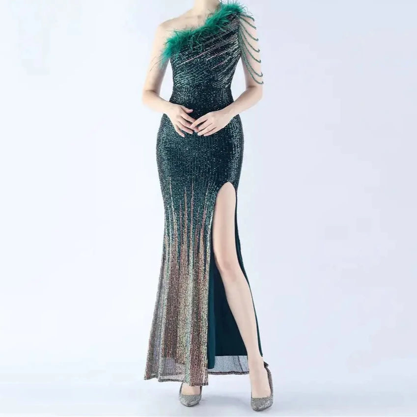 Honey One Shoulder Ombre Sequins Evening Dress