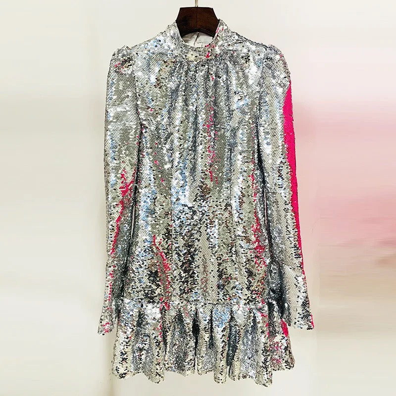 Kate Long Sleeve Ruffle Hem Sequin Mini Dress