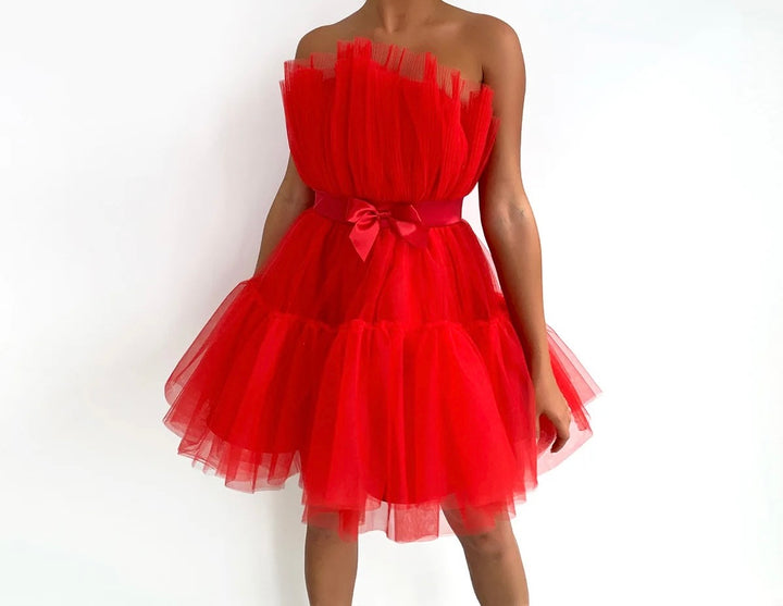 Lillian Strapless Bowtie Belt Fluffly Mesh Mini Dress - Hot fashionista