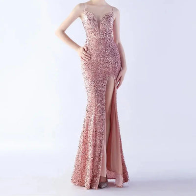 Martha Spaghetti Strap Side Slit Sequined Maxi Dress