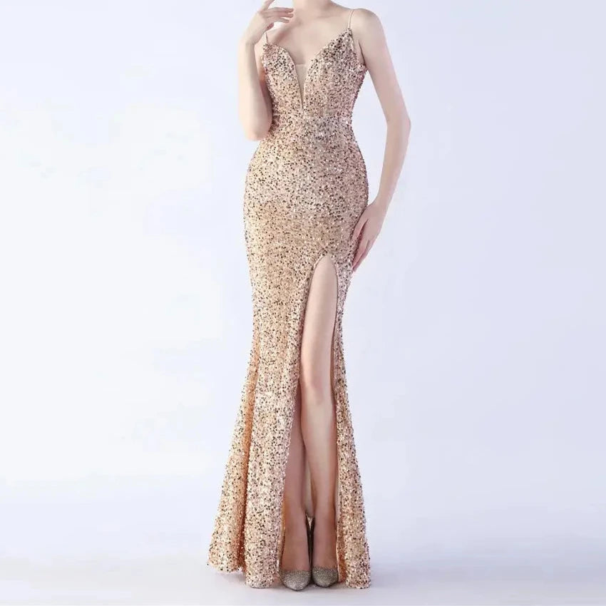 Martha Spaghetti Strap Side Slit Sequined Maxi Dress