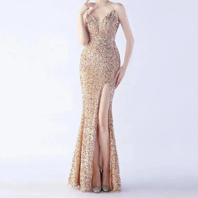 Martha Spaghetti Strap Side Slit Sequined Maxi Dress