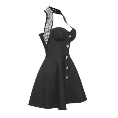 Mercy Crystal Halter Neck Button Down Ruffle Mini Dress - Hot fashionista
