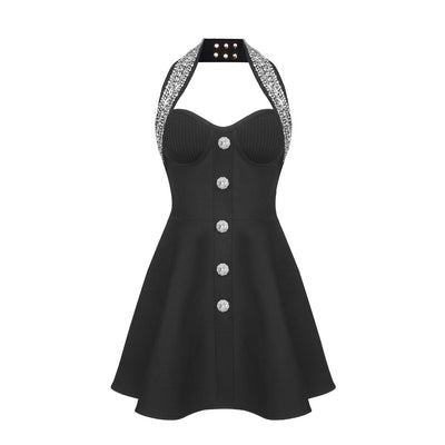 Mercy Crystal Halter Neck Button Down Ruffle Mini Dress - Hot fashionista