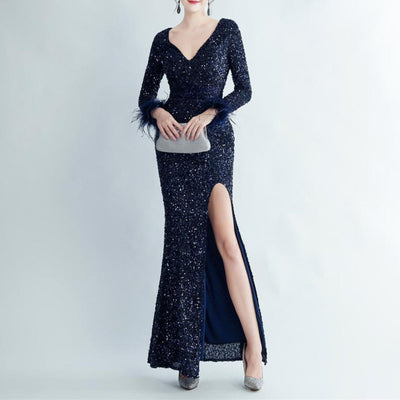 Olivia Lace Long Sleeve V-Neck Sequined Maxi Dress