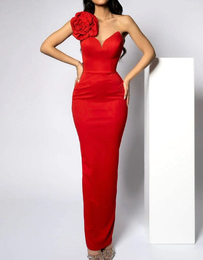 Hot Fashionista Ruby Flower One Shoulder Maxi Dress