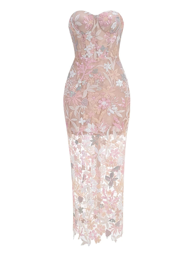 Luxury Strapless Floral Embroidered Sequin Maxi Gown