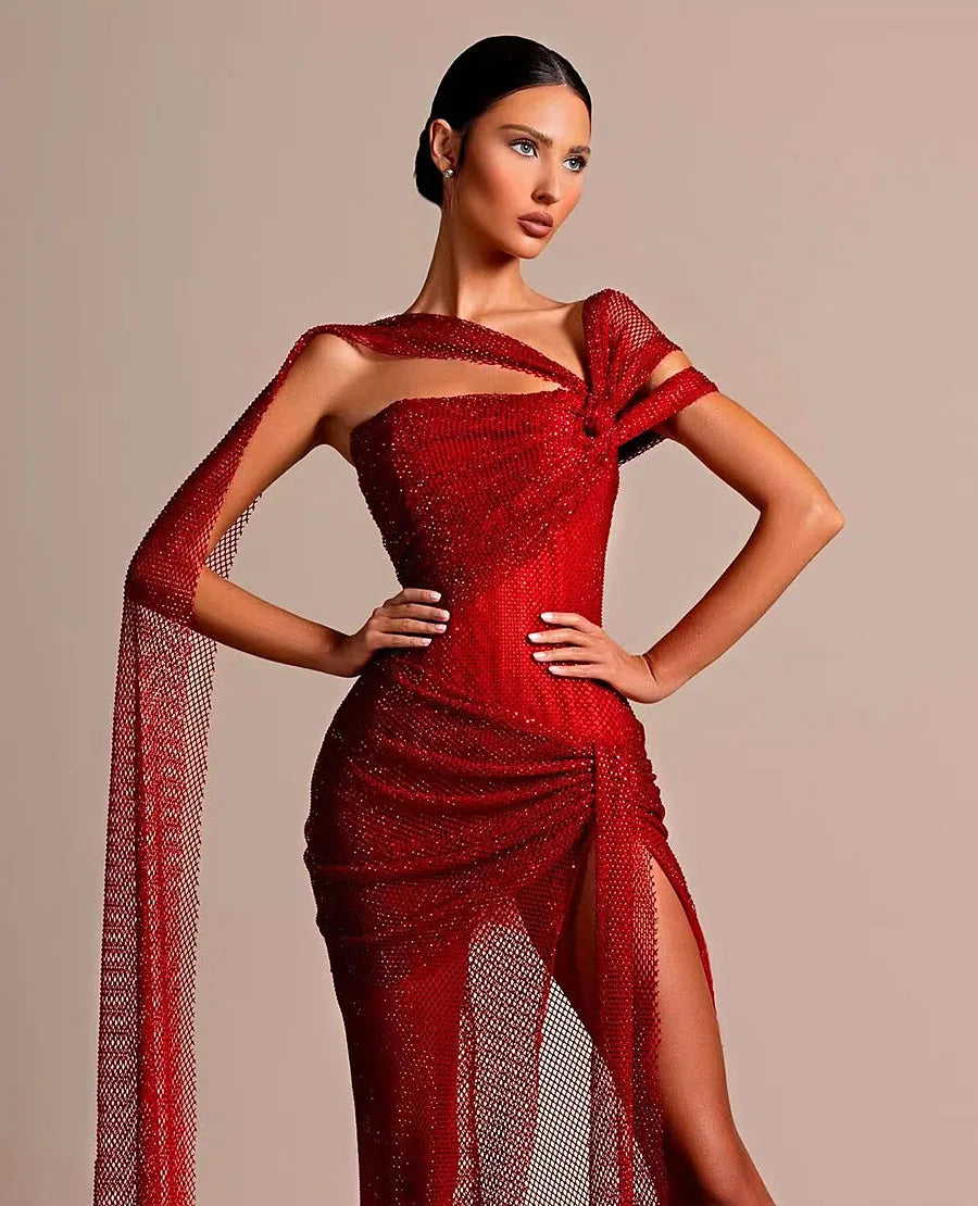 Red Off-Shoulder Glitter Sequin high slit Maxi Dress