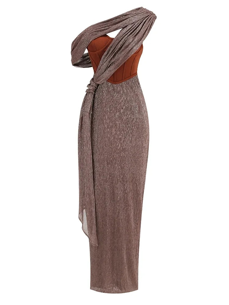 Sparkly One Shoulder Draped Maxi Dress Backless Corset Style for Evening Elegance - Hot fashionista